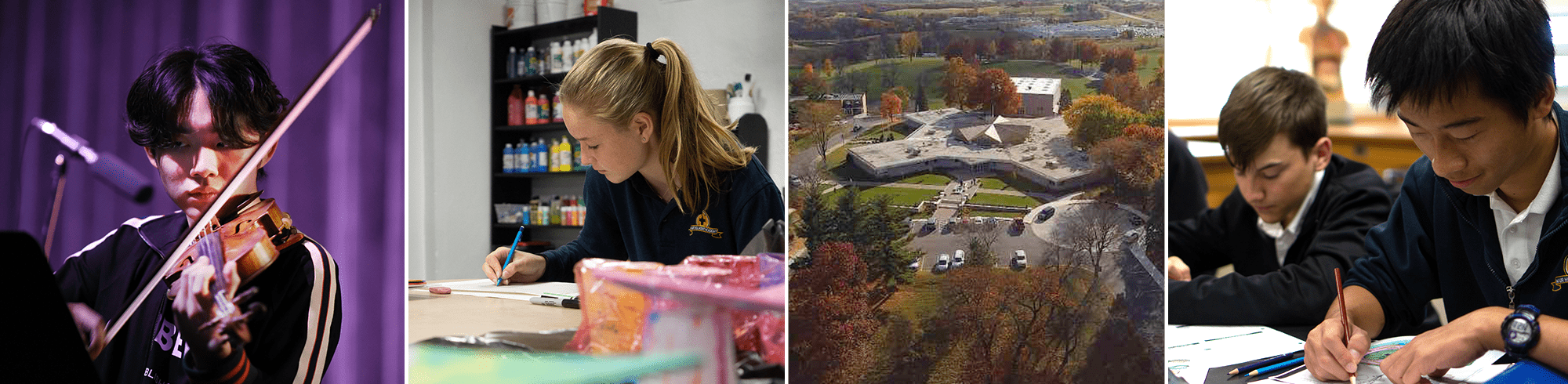 student playing a violin, a student studying, a birds eye view of campus, two students working on homework